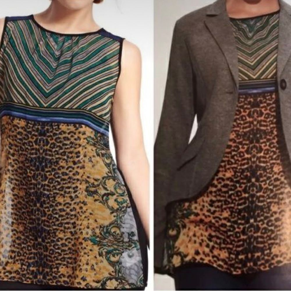 CAbi Buchanon Animal/Lines Print Sleeveless Top. Semi sheer. Medium.